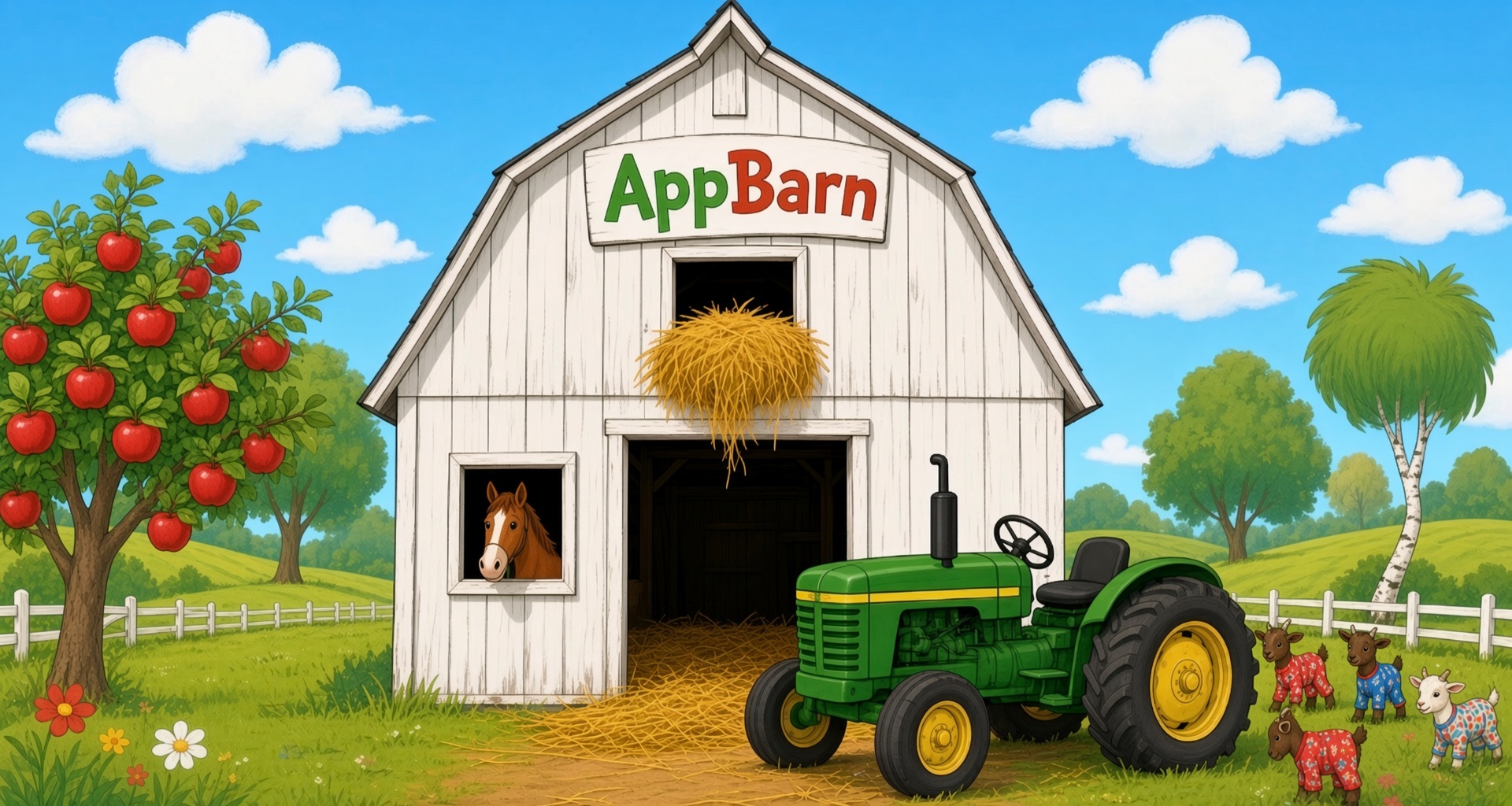 AppBarn farm illustration: white barn with AppBarn sign, tractor, apple tree, and goats